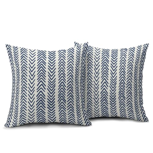 aportt Indigo Blue Herringbone Pillow Covers 18x18 Inch Set of 2 Navy White Boho Bohemian Ethnic Geometric Throw Pillows Modern Cotton Linen Cream Cushion Case Farmhouse Home Decor For Sofa Couch Outdoor - Image 2