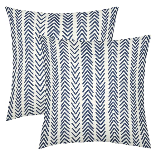 aportt Indigo Blue Herringbone Pillow Covers 18x18 Inch Set of 2 Navy White Boho Bohemian Ethnic Geometric Throw Pillows Modern Cotton Linen Cream Cushion Case Farmhouse Home Decor For Sofa Couch Outdoor - Image 1
