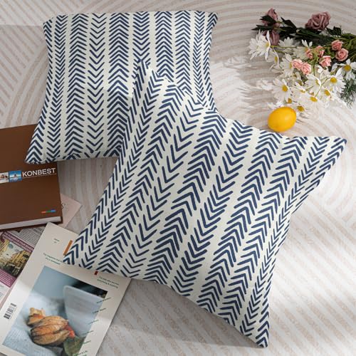 aportt Indigo Blue Herringbone Pillow Covers 18x18 Inch Set of 2 Navy White Boho Bohemian Ethnic Geometric Throw Pillows Modern Cotton Linen Cream Cushion Case Farmhouse Home Decor For Sofa Couch Outdoor - Image 3