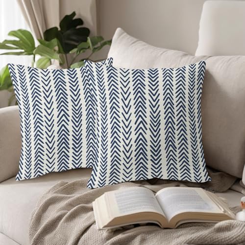 aportt Indigo Blue Herringbone Pillow Covers 18x18 Inch Set of 2 Navy White Boho Bohemian Ethnic Geometric Throw Pillows Modern Cotton Linen Cream Cushion Case Farmhouse Home Decor For Sofa Couch Outdoor - Image 5