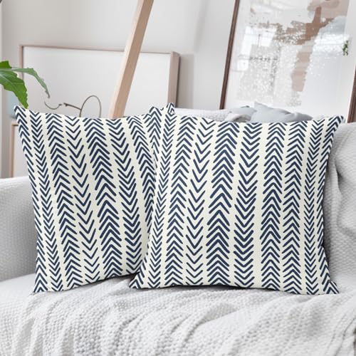 aportt Indigo Blue Herringbone Pillow Covers 18x18 Inch Set of 2 Navy White Boho Bohemian Ethnic Geometric Throw Pillows Modern Cotton Linen Cream Cushion Case Farmhouse Home Decor For Sofa Couch Outdoor - Image 4