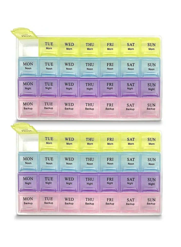 7 Day Pill Organizer with 4 Daily Sections - AM, PM, PM, and Night - Portable Box for Travel Medicine and Vitamin Storage - 2 Pack - Image 1