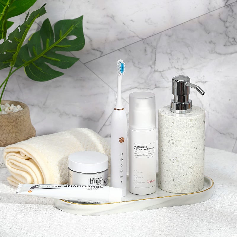 Luxspire صينية حمام لوكسباير، صينية مجوهرات سيراميك رخامية بحافة ذهبية، صينية زخرفية لحامل تخزين حوض الغسيل للمنضدة لتنظيم الصابون والشموع والعطور ومستحضرات التجميل، رخام أبيض - Image 5