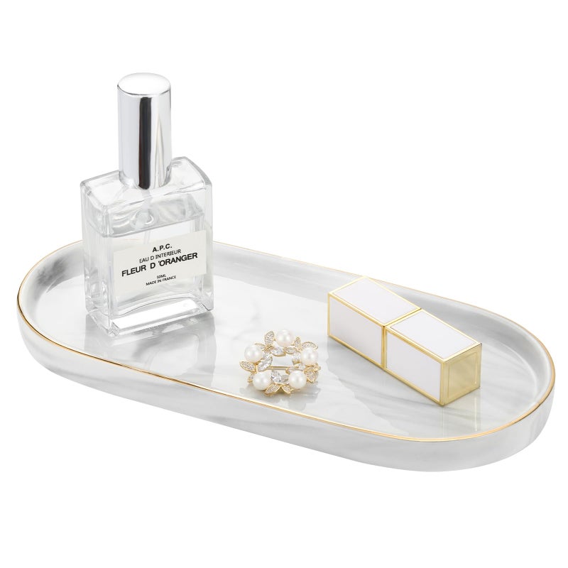 Luxspire صينية حمام لوكسباير، صينية مجوهرات سيراميك رخامية بحافة ذهبية، صينية زخرفية لحامل تخزين حوض الغسيل للمنضدة لتنظيم الصابون والشموع والعطور ومستحضرات التجميل، رخام أبيض - Image 1