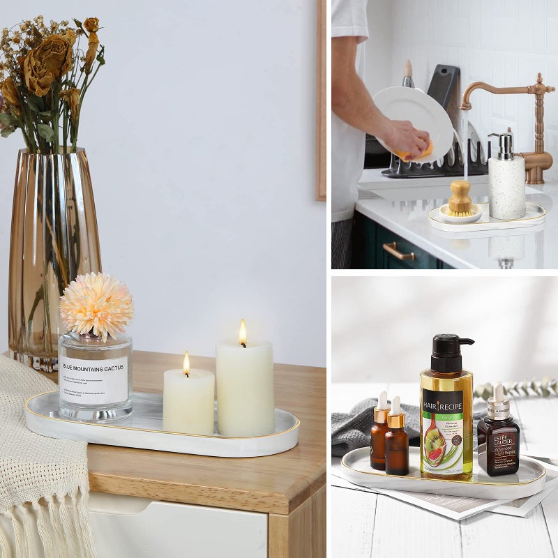 Luxspire صينية حمام لوكسباير، صينية مجوهرات سيراميك رخامية بحافة ذهبية، صينية زخرفية لحامل تخزين حوض الغسيل للمنضدة لتنظيم الصابون والشموع والعطور ومستحضرات التجميل، رخام أبيض - Image 4