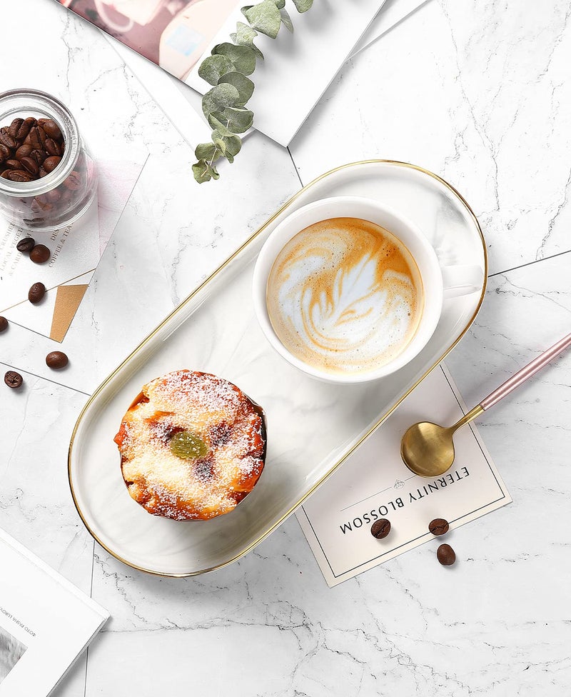 Luxspire صينية حمام لوكسباير، صينية مجوهرات سيراميك رخامية بحافة ذهبية، صينية زخرفية لحامل تخزين حوض الغسيل للمنضدة لتنظيم الصابون والشموع والعطور ومستحضرات التجميل، رخام أبيض - Image 2