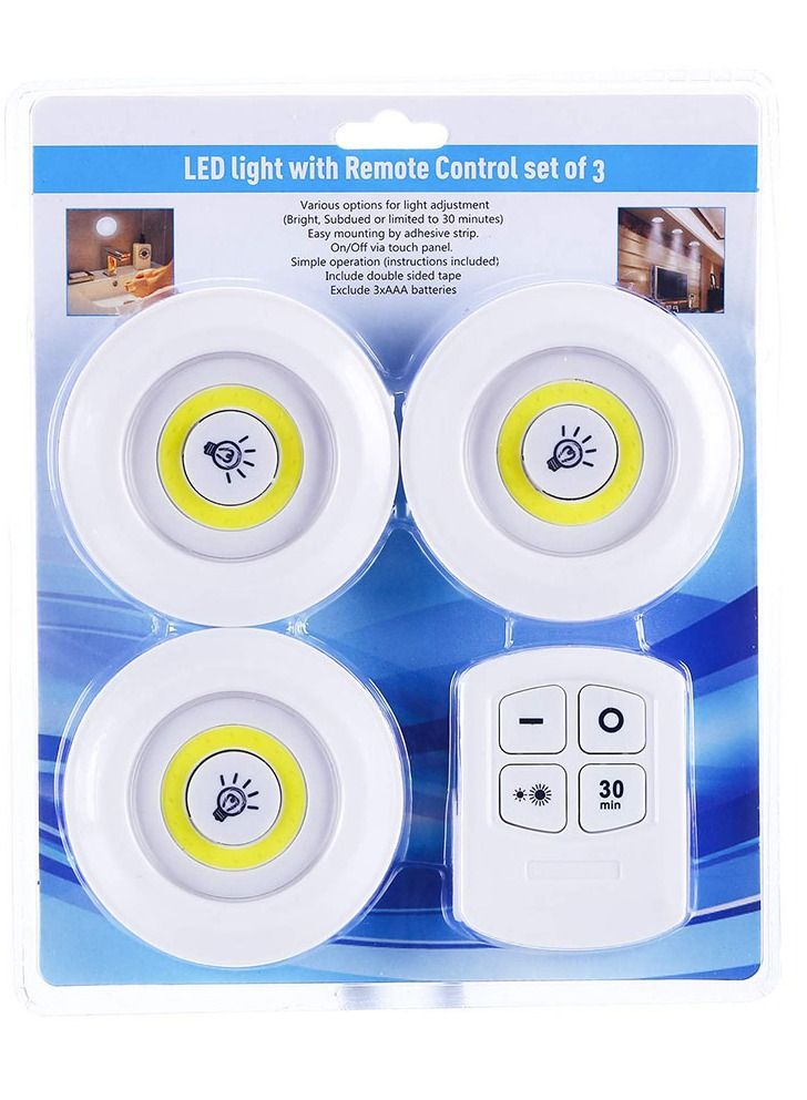 COB Wireless LED Lights | Brightness Adjustable Night Light Wall Light for Closet Cabinet with Timer - Set of 3 Lights and Remote Control