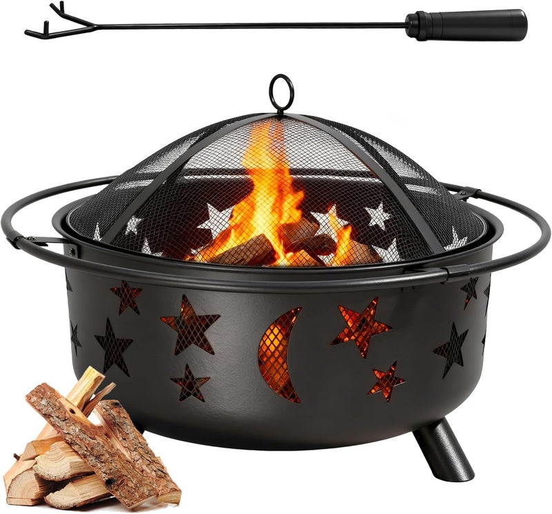nafas 30Inch Round Outdoor Bonfire Firepit Outdoor Fire Pit with Stars, used for burning firewood charcoal BBQ with mesh cover and fire poker,Stainless Steel, for Patio Yard Garden Camping - Image 1