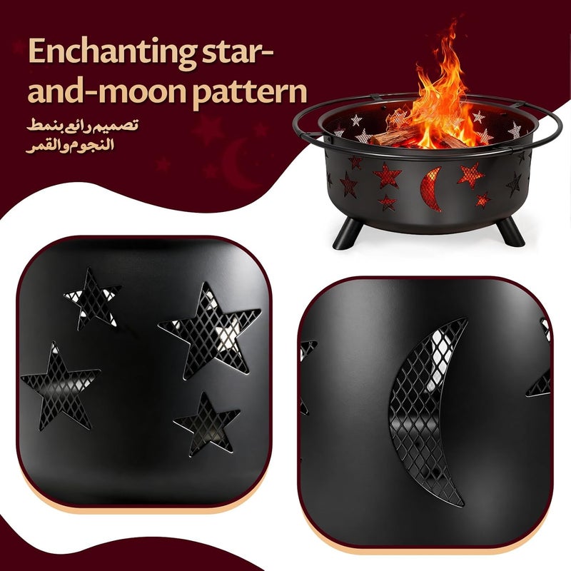 nafas 30Inch Round Outdoor Bonfire Firepit Outdoor Fire Pit with Stars, used for burning firewood charcoal BBQ with mesh cover and fire poker,Stainless Steel, for Patio Yard Garden Camping - Image 3