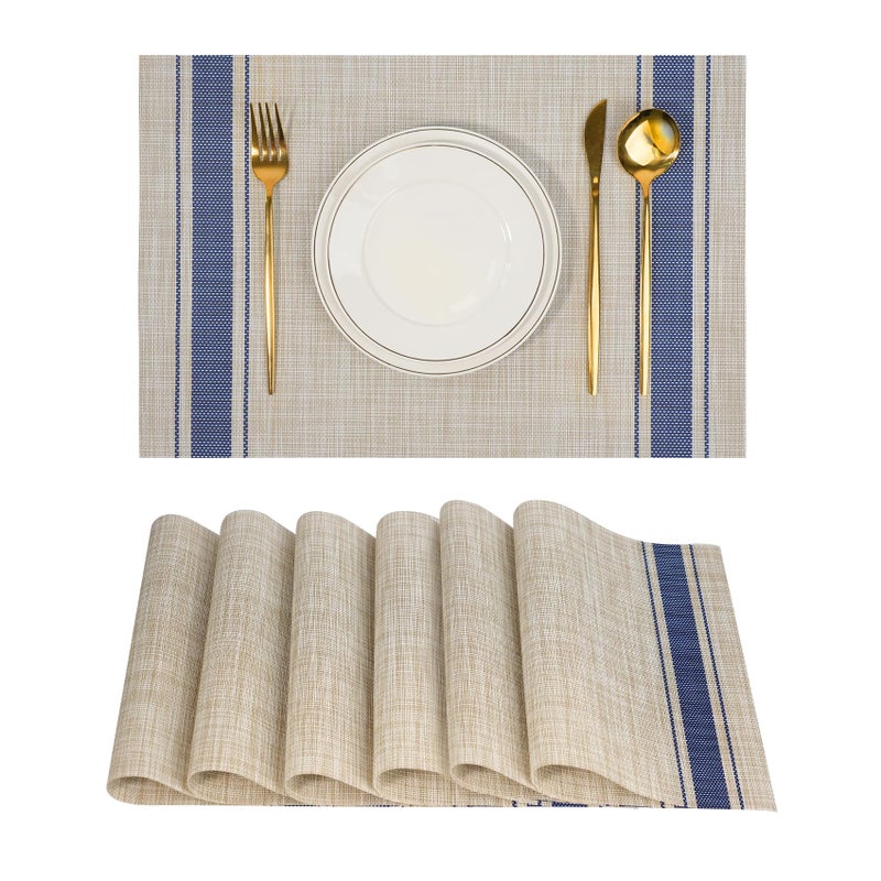 flohar Placemats Set of 6，Non-Slip PVC Weave Table Mats Easy to Clean，Heat Resistant Place Mats for Kitchen Dining Table Decoration Indoor Outdoor，Khaki Blue - Image 1