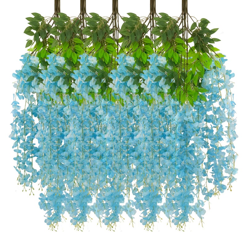Luerbi 24 Pack Lake Blue Wisteria Hanging Flowers Garland  3.77 Feet Lake Blue Artificial Wisteria Flower Vines  Fake Lake Blue Wisteria  Lake Blue Flower Vines for Backdrop  Hanging Flower Garland Decor - Image 1