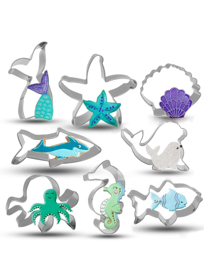 Sweet seven Create Underwater Magic with an 8-Piece Stainless Steel Sea Creatures Cookie Cutter Set - Shark, Mermaid Tail, Seahorse, and More! Baking Fun Awaits!  - Image 1