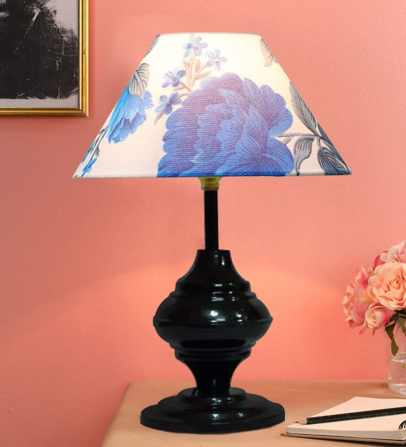 Improvhome Single Gola Metal Base Bedside Bedroom Table Lamp Light ( Blue Flower , Black ) - Image 2