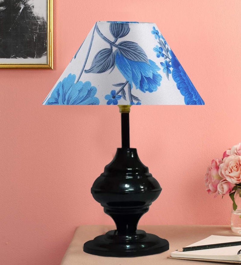 Improvhome Single Gola Metal Base Bedside Bedroom Table Lamp Light ( Blue Flower , Black ) - Image 4