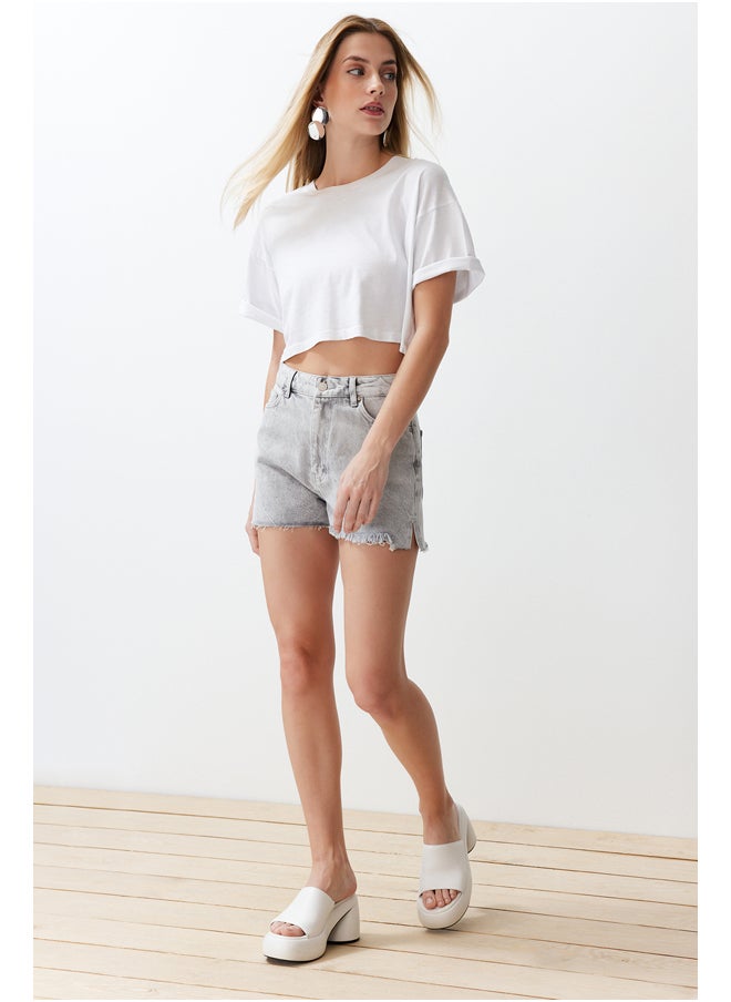 trendyol Gray Ripped Denim Shorts & Bermuda TWOSS24SR00058  - Image 3