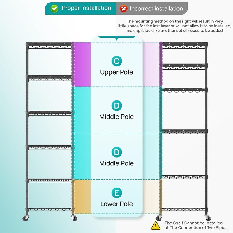 SINGAYE 6 Shelves Storage Shelf Wire Closet Bathroom Organizers Metal Pantry Kitchen Small Garage Shelving Unit Laundry Room Organization Home Narrow Rack Net Basket with Wheels Black - Image 3