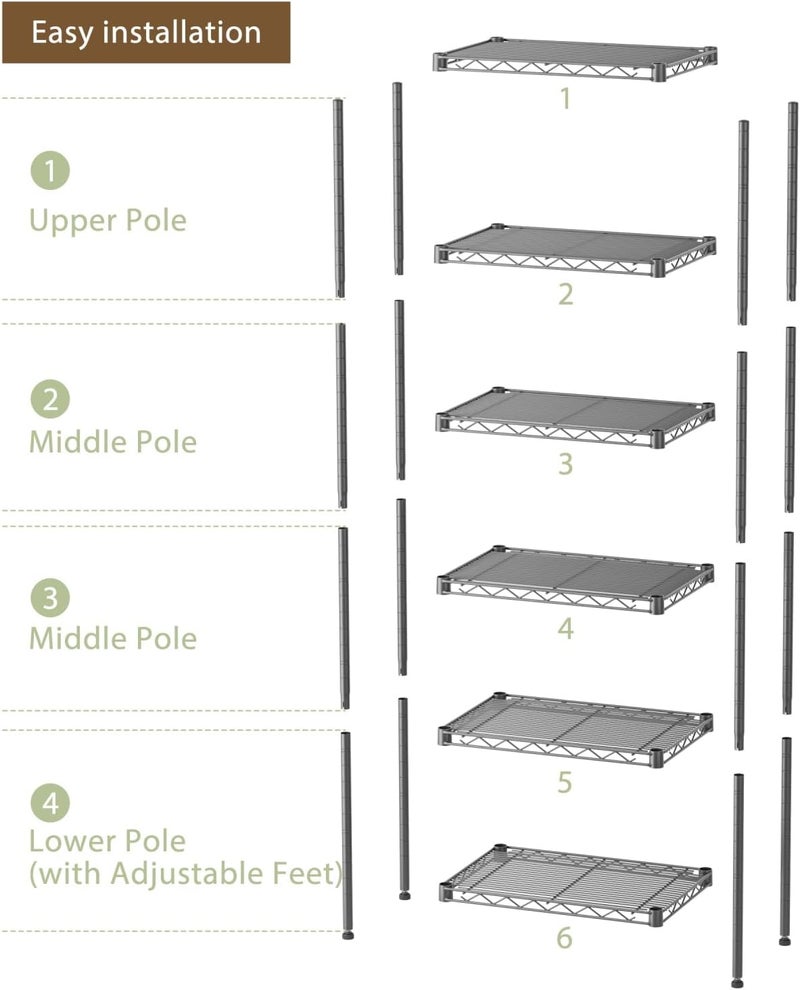 SINGAYE 6 Shelves Storage Shelf Wire Closet Bathroom Organizers Metal Pantry Kitchen Small Garage Shelving Unit Laundry Room Organization Home Narrow Rack Net Basket with Wheels Black - Image 5
