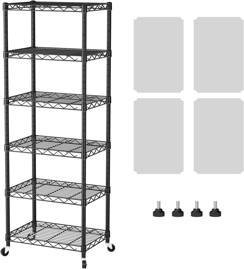 SINGAYE 6 Shelves Storage Shelf Wire Closet Bathroom Organizers Metal Pantry Kitchen Small Garage Shelving Unit Laundry Room Organization Home Narrow Rack Net Basket with Wheels Black - Image 1