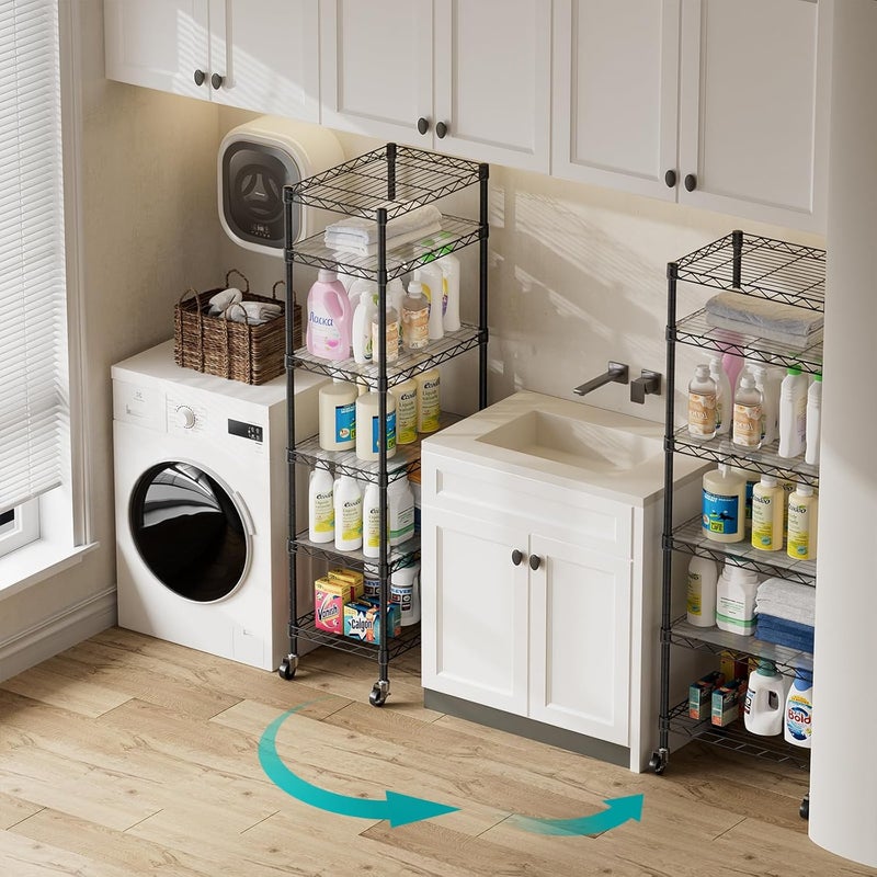 SINGAYE 6 Shelves Storage Shelf Wire Closet Bathroom Organizers Metal Pantry Kitchen Small Garage Shelving Unit Laundry Room Organization Home Narrow Rack Net Basket with Wheels Black - Image 4