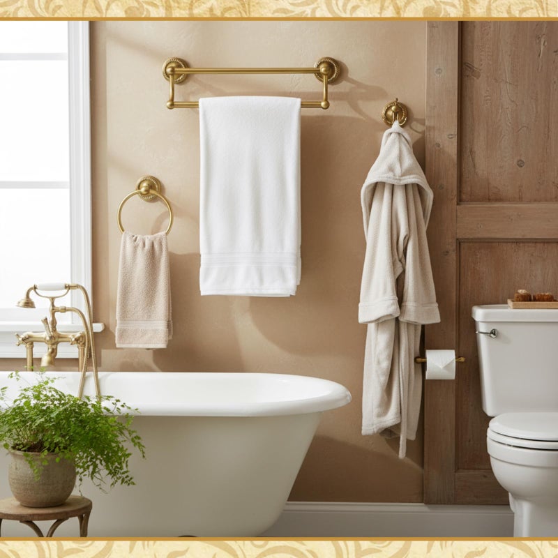 Otoolling 4 Pcs Antique Brass Gold Bathroom Accessories Set Wall-Mounted Towel Rack & Towel Ring & Toilet Paper Holder & Robe Hook, Wall Mounted Brass Vintage Bath Hardware Fixture Set(Double) - Image 4