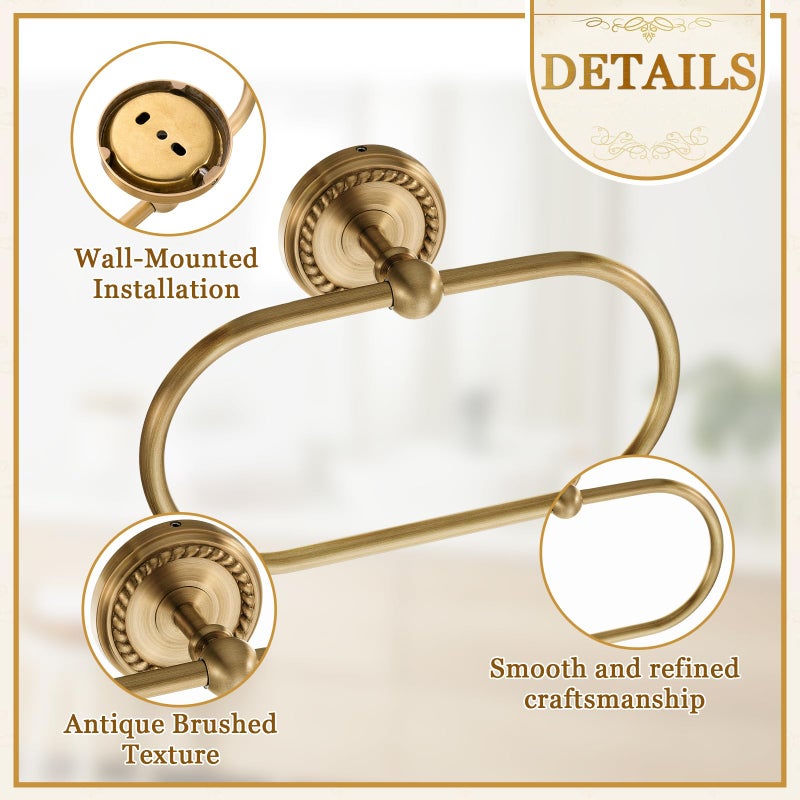 Otoolling 4 Pcs Antique Brass Gold Bathroom Accessories Set Wall-Mounted Towel Rack & Towel Ring & Toilet Paper Holder & Robe Hook, Wall Mounted Brass Vintage Bath Hardware Fixture Set(Double) - Image 3