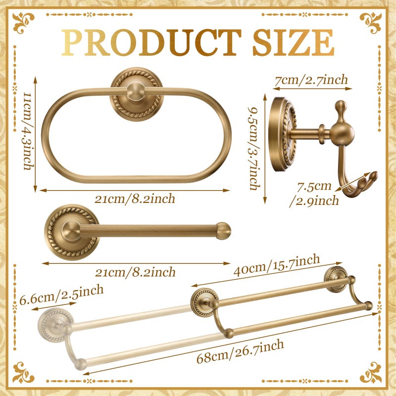 Otoolling 4 Pcs Antique Brass Gold Bathroom Accessories Set Wall-Mounted Towel Rack & Towel Ring & Toilet Paper Holder & Robe Hook, Wall Mounted Brass Vintage Bath Hardware Fixture Set(Double) - Image 2