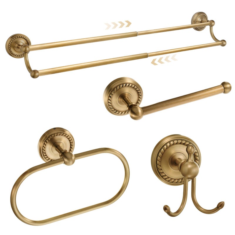 Otoolling 4 Pcs Antique Brass Gold Bathroom Accessories Set Wall-Mounted Towel Rack & Towel Ring & Toilet Paper Holder & Robe Hook, Wall Mounted Brass Vintage Bath Hardware Fixture Set(Double) - Image 1