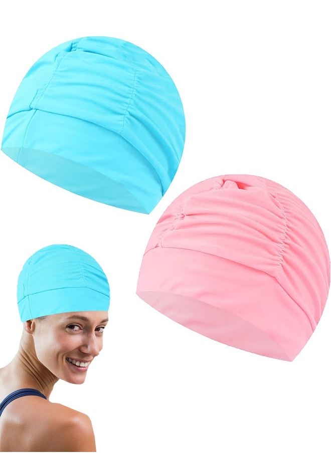 GIFT Nylon Swimming Cap Pool Beach Hat Pleated Swim Cap for Long Hair Women（Pink and Blue）  - Image 1