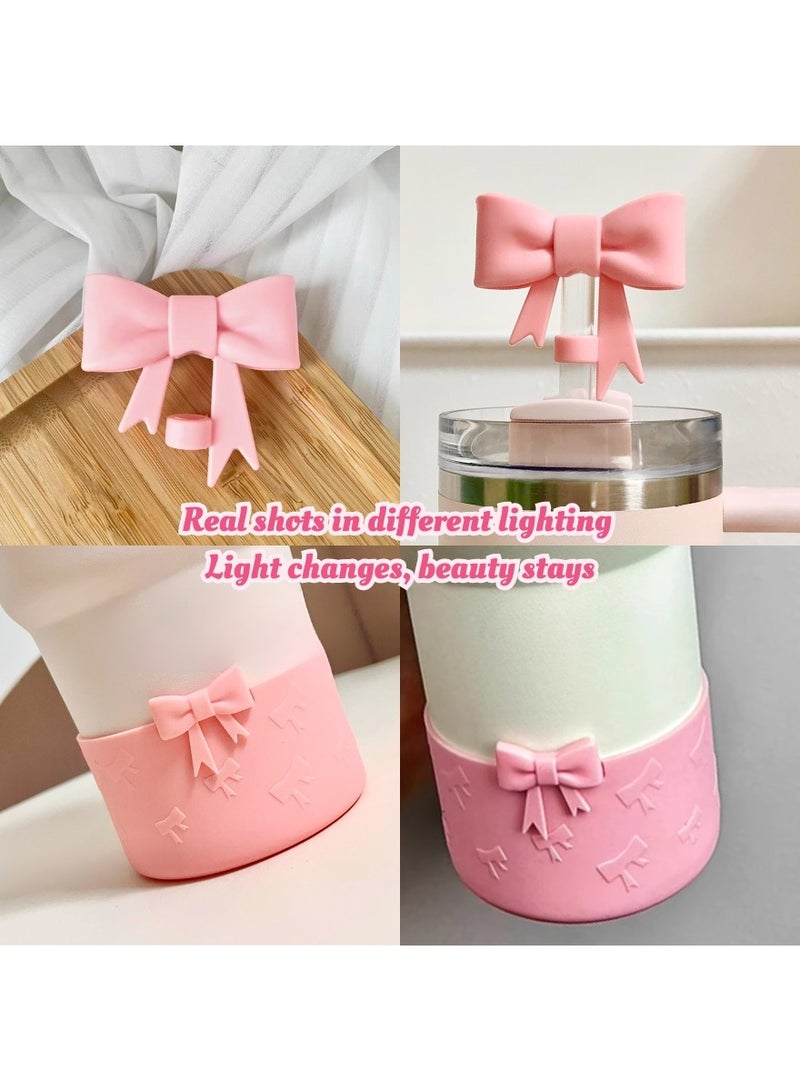 Popular Pink Bow Straw Cap & Tumbler Boot Set – Reusable Silicone Accessories for Stanley 20–40oz, Fits 9–10mm Straws, 2.87–2.95in Base – Delicate & Trendy Touch for Your Favorite Cup  - Image 3