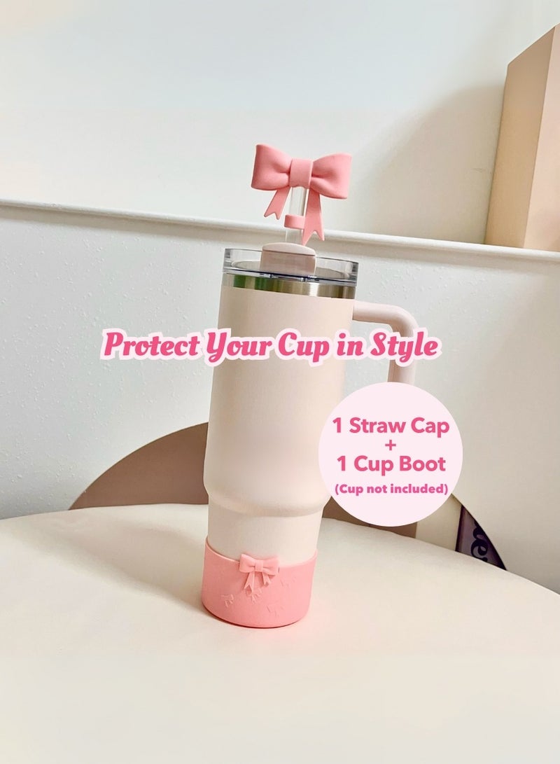 Popular Pink Bow Straw Cap & Tumbler Boot Set – Reusable Silicone Accessories for Stanley 20–40oz, Fits 9–10mm Straws, 2.87–2.95in Base – Delicate & Trendy Touch for Your Favorite Cup  - Image 1