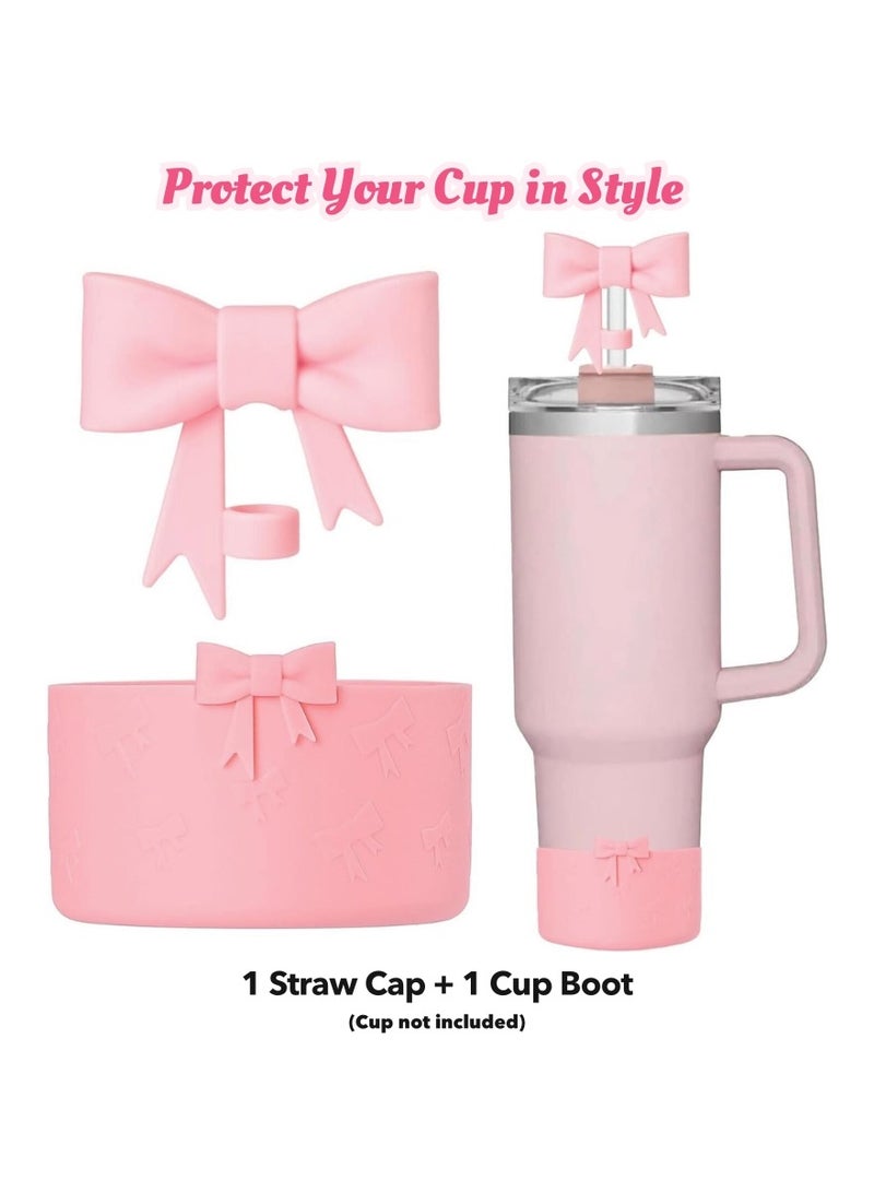 Popular Pink Bow Straw Cap & Tumbler Boot Set – Reusable Silicone Accessories for Stanley 20–40oz, Fits 9–10mm Straws, 2.87–2.95in Base – Delicate & Trendy Touch for Your Favorite Cup  - Image 2