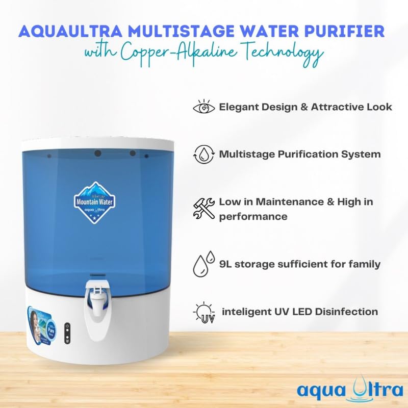 AQUAULTRA فلتر مياه روف النقي الجبلي النحاسي والزنك القلوي 9 لتر للمنزل والمطبخ أوتوماتيكي بالكامل خزان تعقيم ذكي LED UV قابل للفصل واضح كالكريستال - Image 4