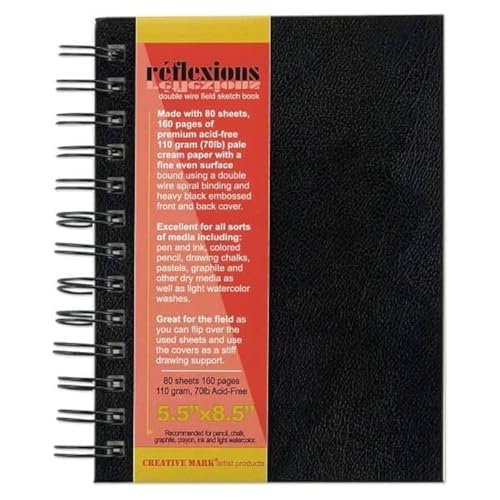 Creative Mark Double Wire Spiral Bound Field Sketch Book [160 Pages - 5.5 x 8.5], Black Embossed Leatherette Journal, Light Cream Acid-Free Paper, Perfect for Dry Media and Drawing - Image 1