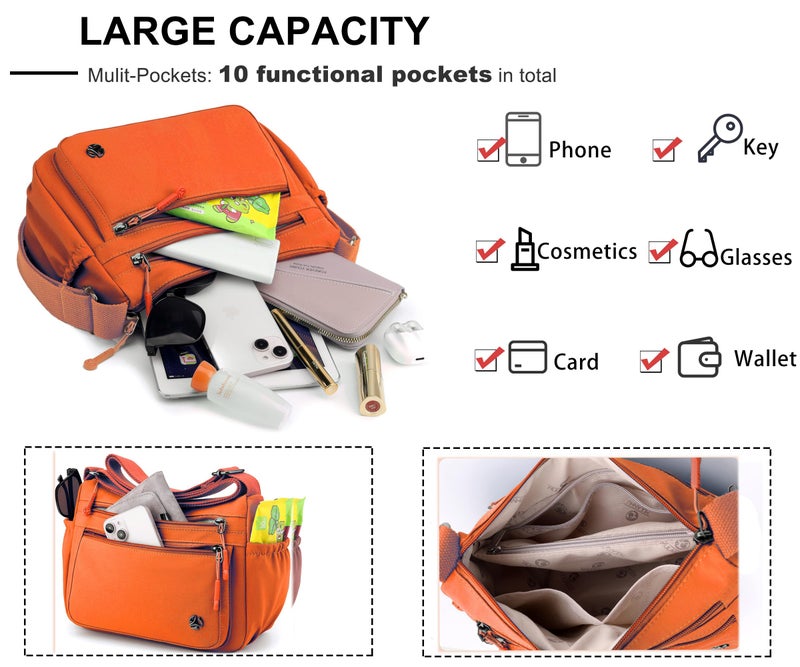 Wytidian Crossbody Bags for Women Waterproof Nylon Shoulder Bag Roomy Multiple Pockets Messenger Purses Handbags (Orange) - Image 5
