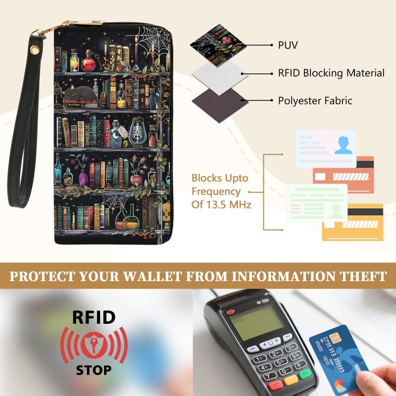 Vorruil Books Goth Gothic Womens Wallet, Wristlet RFID Blocking Wallets for Women, Ladies Purse with Zip Around Credit Card Holder and 10 Card Slots & ID Window, Travel Large Capacity Women's Clutch Organizer - Image 4