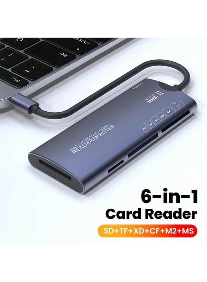 6 في 1 قارئ بطاقات USB من النوع C محول من النوع C لبطاقات SD وTF وXD وCF وM2 وMS لأجهزة الكمبيوتر والهواتف الذكية والأجهزة اللوحية - Image 1