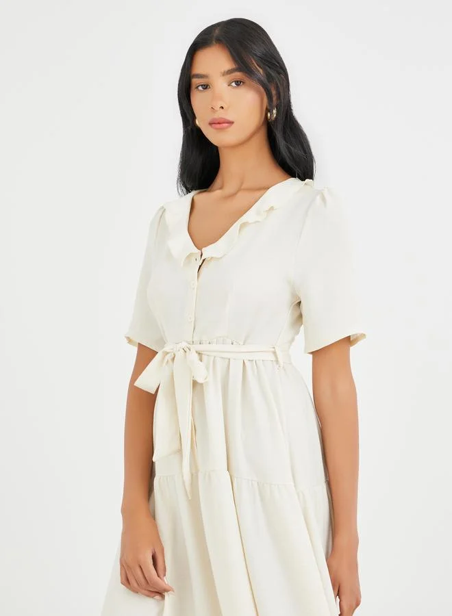 Take Two Take Two Solid Ruffled V-Neck Waist Tie Maxi Dress