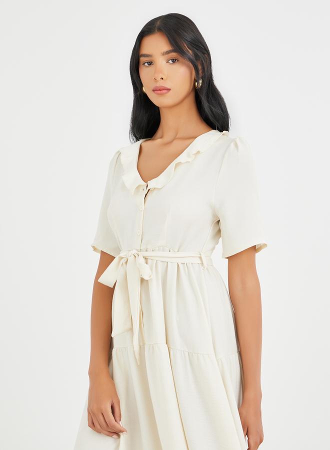 Take Two Solid Ruffled V-Neck Waist Tie Maxi Dress - Image 3