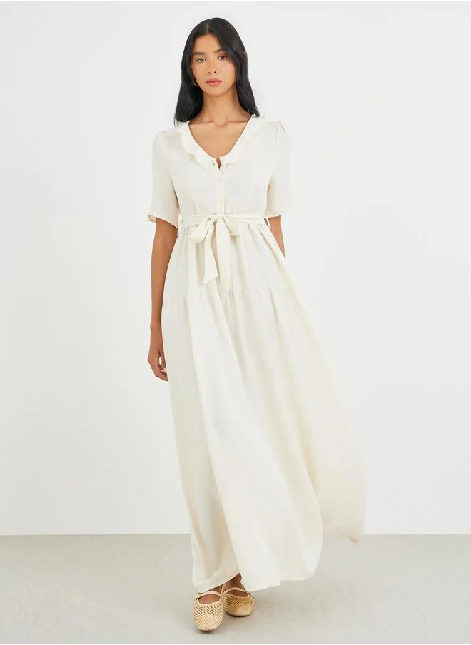 تايك تو Take Two Solid Ruffled V-Neck Waist Tie Maxi Dress