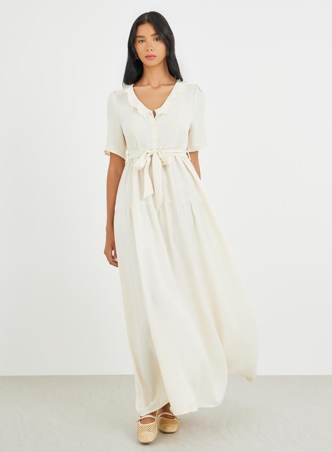 Take Two Solid Ruffled V-Neck Waist Tie Maxi Dress - Image 2