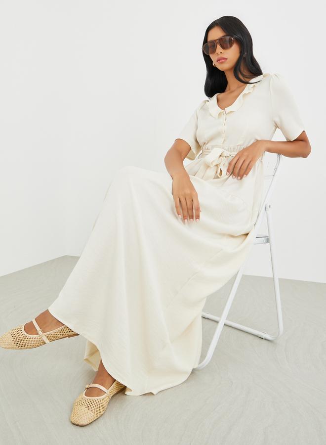 Take Two Solid Ruffled V-Neck Waist Tie Maxi Dress - Image 1