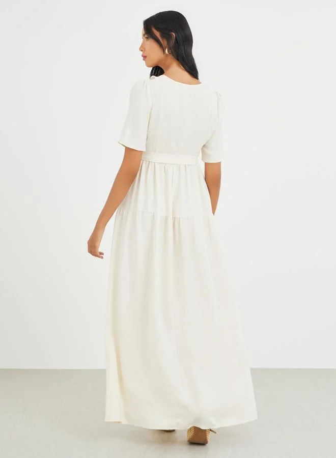 Take Two Take Two Solid Ruffled V-Neck Waist Tie Maxi Dress