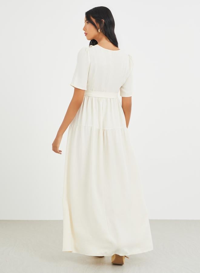 Take Two Solid Ruffled V-Neck Waist Tie Maxi Dress - Image 5