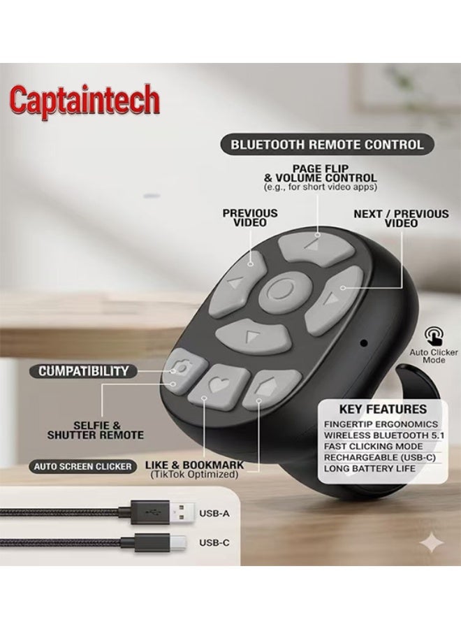 Captaintech "2-in-1 Fingertip Bluetooth Remote & Fast Auto Screen Clicker, Wireless Selfie Camera Shutter Remote, Ergonomic Video Scrolling Ring for iOS & Android" - Image 1