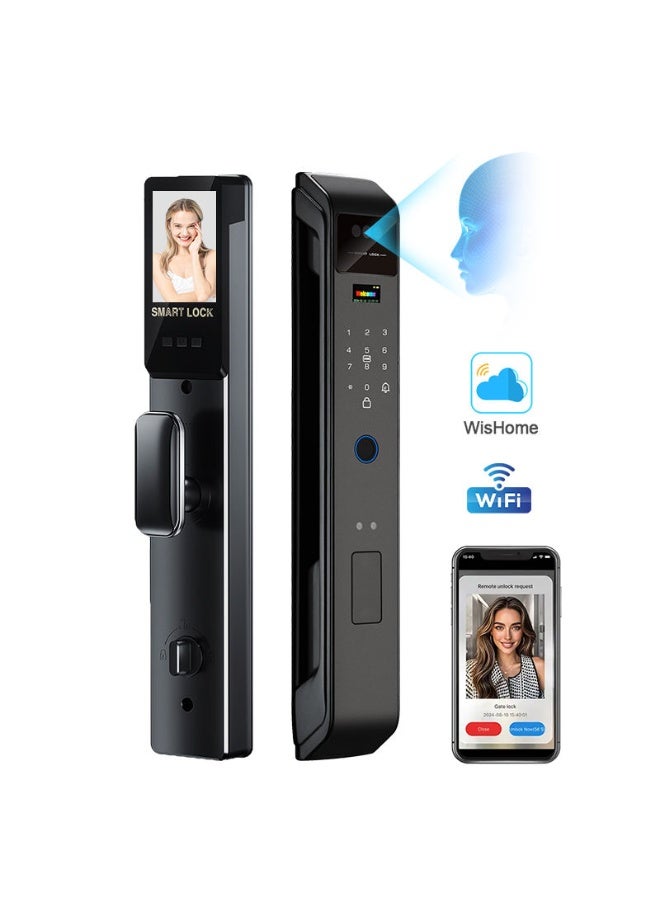 قفل باب ذكي بكاميرا وبصمة وكلمة مرور وبطاقة ومفتاح وتحكم WiFi بتطبيق Tuya وهيكل ألمنيوم أوتوماتيكي - Image 1