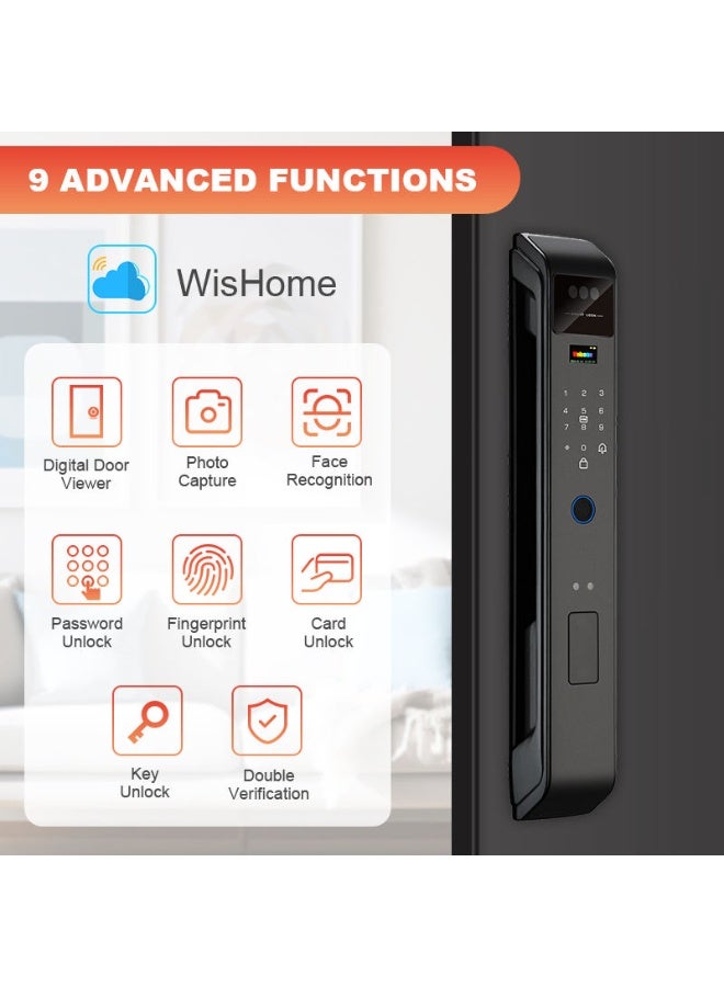 قفل باب ذكي بكاميرا وبصمة وكلمة مرور وبطاقة ومفتاح وتحكم WiFi بتطبيق Tuya وهيكل ألمنيوم أوتوماتيكي - Image 3