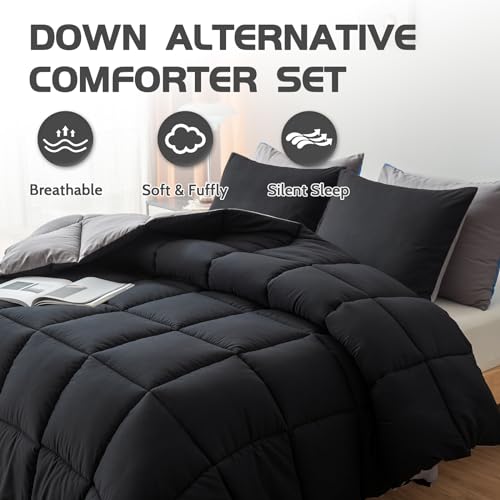 Decroom Lightweight Full Comforter Set with 2 Pillow Sham - 3 Pieces Set - Quilted Down Alternative Comforter/Duvet Insert for All Season - Black/Grey - Full Size - Image 3