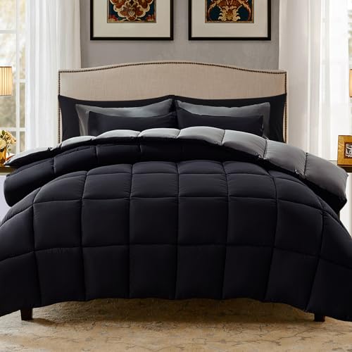 Decroom Lightweight Full Comforter Set with 2 Pillow Sham - 3 Pieces Set - Quilted Down Alternative Comforter/Duvet Insert for All Season - Black/Grey - Full Size - Image 1
