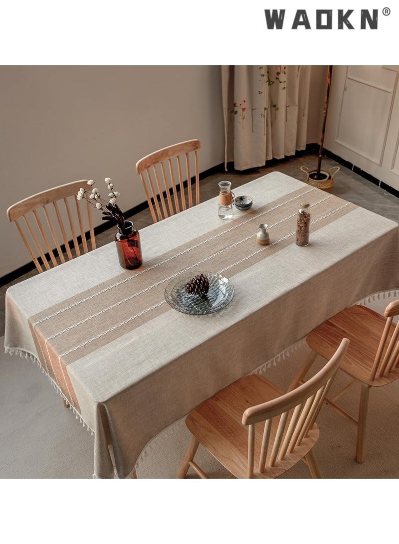 دبليو أيه أو كي أن مناشف الطاولة للطاولات المربعة، قماش الطاولة من القطن الكتان، قماش الطاولة المستطيل من القطن الكتان التجاعيد مجانا مناشف الطاولة المضادة للتلاشى التطريز غطاء طاولة الطعام مطبخ (140 * 140 سم، قهوة خفيفة) - Image 2