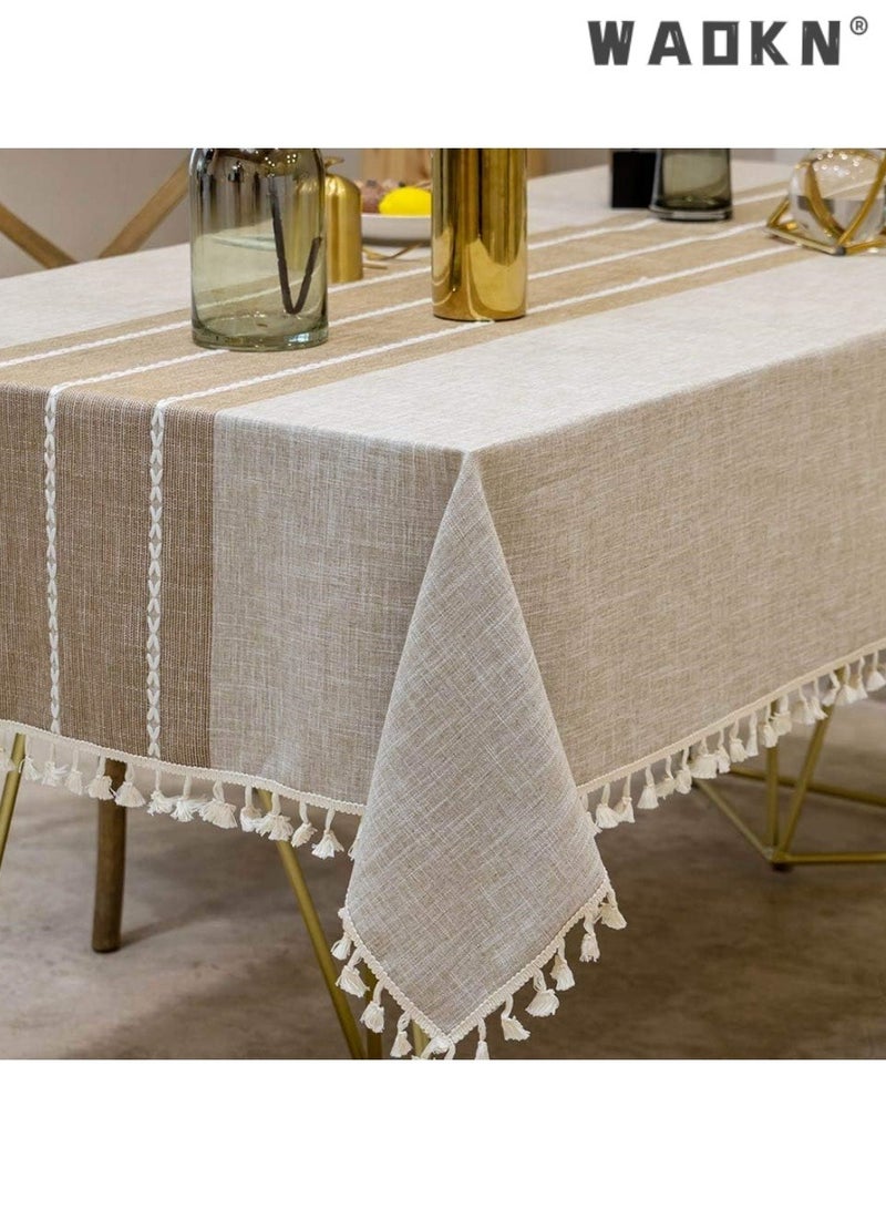 دبليو أيه أو كي أن مناشف الطاولة للطاولات المربعة، قماش الطاولة من القطن الكتان، قماش الطاولة المستطيل من القطن الكتان التجاعيد مجانا مناشف الطاولة المضادة للتلاشى التطريز غطاء طاولة الطعام مطبخ (140 * 140 سم، قهوة خفيفة) - Image 1